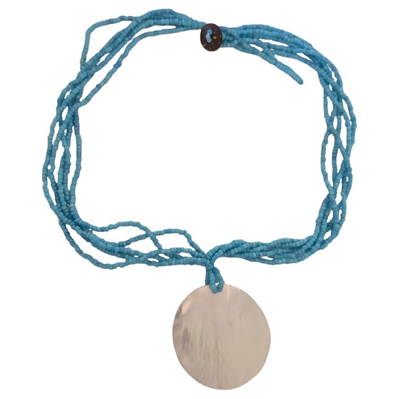 Blue Beaded Shell Pendant Necklace - Picture 3 of 7